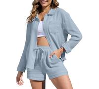 Yutdeng Women's 2 Pieces Outfit Summer Ladies Tracksuit Button Down Long Sleeve Shirts Shorts Sets Loungewear Muslin Blouse Top Shorts with Pockets Beach Holiday Lounge Wear Sets,Blue,XXL
