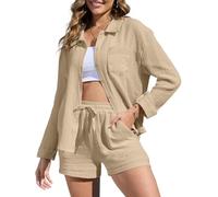 Yutdeng Women's 2 Pieces Outfit Summer Ladies Tracksuit Button Down Long Sleeve Shirts Shorts Sets Loungewear Muslin Blouse Top Shorts with Pockets Beach Holiday Lounge Wear Sets,Khaki,XL