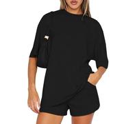 Yutdeng Women's 2 Pieces Outfit Summer Tracksuit Cotton Short Sleeve Shorts Sets Crew Neck Solid Color Tops Shorts with Pockets Lounge Wear Sets Streetwear co ord Sets,Black,XL