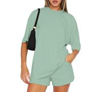 Yutdeng Women's 2 Pieces Outfit Summer Tracksuit Cotton Short Sleeve Shorts Sets Crew Neck Solid Color Tops Shorts with Pockets Lounge Wear Sets Streetwear co ord Sets,Green,S