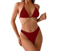 Yutdeng Women's Bikini Set 2 Piece Shell Bathing Suit Chain Tie Back Halter Beach Swimsuit Push Up Triangle Bikini V Neck Swimwear Padded Swimming Costume,Wine Red,XL