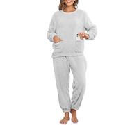 Yutdeng Womens Pyjamas Set Fleece Warm Soft 2PCs Nightwear Ladies Unisex Fluffy Loungewear Sleepwear with Pockets Winter Crew Neck Long Sleeve Top & Bottom PJs,Light Grey,XXL