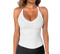 Yutdeng Women's Sexy V Neck Vest Tank Cami Top with Built in Bra Removable Padded Ribbed High Stretch Basic Low Cut Racer-Back Basic Tops for Gym Going Out Summer White