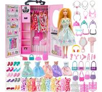 Yutoy 122 Pcs Doll Closet Playset with 11.5 Inch Dolls, Clothes and Accessories, Include Princess Dresses Wardrobe Shoes Bag Shoe Rack Other Accessories, Dress Up Toys for Girls, Kids, Toddlers (Pink)