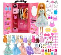 Yutoy Dolls Wardrobe Set for Clothes, 11.5 Inches Girl Doll, 63 Accessories, Fashionistas Dolls, Including Doll Closet, Dress, Shoes, Bags, Coat Hangers, Headdress, Comb, Mirror (Red)