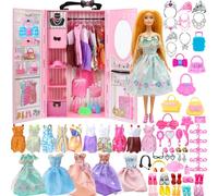 Yutoy Dolls Wardrobe Set for Clothes, 11.5 Inches Girl Doll, 63 Accessories, Including Doll Closet, Fashionistas Dolls, Dress, Shoes, Bags, Coat Hangers, Headdress, Comb, Mirror (Pink)