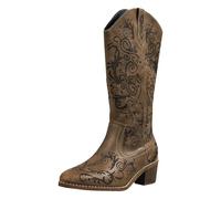 YUTUGTSJ Cowboy Boots Women,Wide Calf Mid-Calf Low Chunky Walking Comfortable Classic Wedding Country Party Western Cowgirl Shoes(Khaki,5.5 UK)