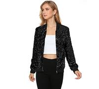 Yutuwomsfushi Womens Long Sleeve Sequin Open Front Zipper Jacket with Ribbed Cuffs, All Black, M