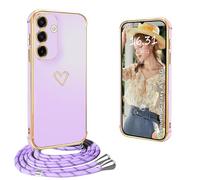 Yutwo Samusng Galaxy A17 5G Case with Lanyard, Electroplated Heart Case for Samusng A17 5G with Shoulder Strap, Shockproof Woman Heart Cover for Samusng A17 5G Lanyard -Purple