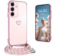 Yutwo Samusng Galaxy A17 5G Case with Lanyard, Electroplated Heart Case for Samusng A17 5G with Shoulder Strap, Shockproof Woman Heart Cover for Samusng A17 5G Lanyard -Pink
