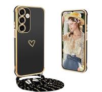 Yutwo Samusng Galaxy A17 5G Case with Lanyard, Electroplated Heart Case for Samusng Galaxy A17 5G with Shoulder Strap Shockproof Women's Heart Cover Lanyard - Black