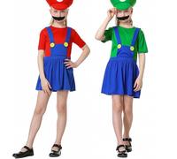 YUUGYD Super Brothers Fancy Dress Outfit Costume with Bodysuit, Cap and Beard, Carnival Halloween Cosplay Costume Adult Kids Unisex Men Lady Teens, Girl Red, M