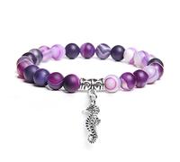 YUUKI Crystal Bracelet,Natural Purple Striped Agate Beads Beaded Bracelet,Silver Sea Horse Pendant Bangles,Elastic Crystal Bracelet Fashion Crystal Jewelry For Men Women,6Mm