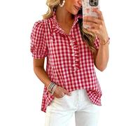 Yuuliysal Women's Plaid Blouses Gingham Top Shirt Short Sleeve Button Down Ruffle Neck Summer Casual Checked Shirts UK（Red-S）