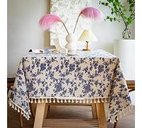YUURAINVUVU French Vintage Blue Rose Floral Cotton Linen Fabric, Stitching Tassel Rectangle Tablecloth for Kitchen | Dining | Tabletop | Decoration | Tea Party | Farmhouse (55x70 Inches)
