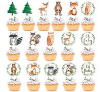 yuuze 48 Pcs Woodland Baby Shower Cupcake Toppers Forest Animal Cake Toppers Oh Baby Party Decorations Woodland Creatures Picks for Gender Reveal Boy Girl Birthday Party Favors Supplies