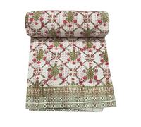 YUVANCRAFTS Indian Block Print Kantha Quilt Queen Size 90 x 108 Inch 100% Cotton Bedspread Blanket Bed Cover Throw Green & Red