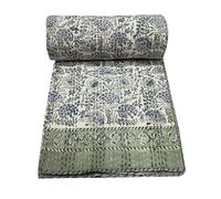 YUVANCRAFTS Indian Block Print Quilt Queen Kantha Quilts Kantha Throw Kantha Bedspread Blanket Cotton Bed Cover Quilt Boho Kantha Quilts Bedspread (Light Green, Queen 90 X 108 Inch)