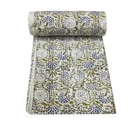 Yuvancrafts Indian Block Print Quilt Queen Kantha Quilts Kantha Throw Kantha Bedspread Blanket Cotton Bed Cover Quilt Boho Kantha Quilts Bedspread (Yellow 451, Queen (U.K. Standard))