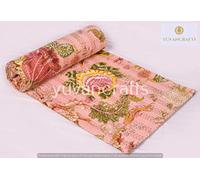 YUVANCRAFTS Indian Handmade Floral Print Kantha Quilt Queen Size Pure Cotton Kantha Throw Vintage Bedspread Blanket Light Pink
