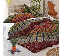 Yuvancrafts Peacock Print Queen Size Duvet Cover Set with Pillow Covers by Indian Reversible Quilt Cover Flower Coverlet Bohemian Doona Cover Handmade 82 x 88 with Pillow Cover