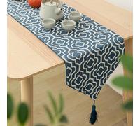 YUWEN 1Pcs Elegant Jacquard Turquoise Cotton Linen Table Runner with Tassels Dresser Scarf for Home Party Wedding Dining Table Decor