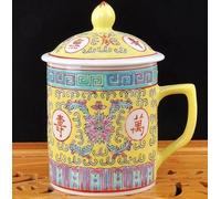 YUWEN Traditional Chinese Ceramic Blue and White Porcelain Mug Red/Blue/Yellow Tea Cup with Lid Drinkware 300ml