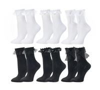 Yuxareen 6 Pairs Women's Ruffle Crew Socks, Black White Lace Trim, UK 3-7 | Frilly Ankle Socks with Lace Bow for Ballet Dance School Party Lolita Daily Wear