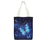 YUXBVKRS Blue Starry Butterfly Canvas Tote Bag with Zipper Pocket, Double-Sided Print Shoulder Bag for Women