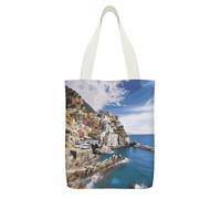 YUXBVKRS Cinque Terre Scenery Canvas Tote Bag with Zipper Pocket, Double-Sided Print Shoulder Bag for Women