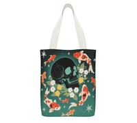 YUXBVKRS Koi Fish Skull Canvas Tote Bag with Zipper Pocket, Double-Sided Print Shoulder Bag for Women