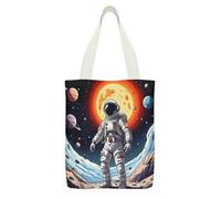 YUXBVKRS Planetary Astronaut Scene Canvas Tote Bag with Zipper Pocket, Double-Sided Print Shoulder Bag for Women