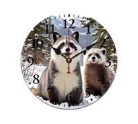 YUXBVKRS Snowy Raccoon Pair Wall Clocks Battery Operated 12 Inch | Wooden, Non Ticking, Round Modern Silent Wall Clock for Living Room Office School Bedroom Kitchen Decor