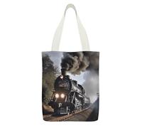 YUXBVKRS Steam Train Canvas Tote Bag with Zipper Pocket, Double-Sided Print Shoulder Bag for Women