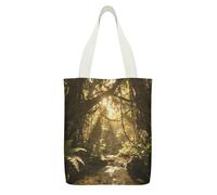 YUXBVKRS Sunlit Tropical Jungle Stream Canvas Tote Bag with Zipper Pocket, Double-Sided Print Shoulder Bag for Women