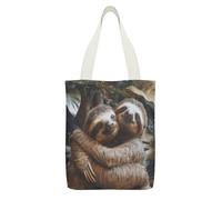 YUXBVKRS Two Sloths Hugging Canvas Tote Bag with Zipper Pocket, Double-Sided Print Shoulder Bag for Women