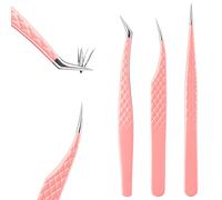 YUXIANLB 3 Pcs Fiber Tip Lash Tweezers for Eyelash Extensions, Stainless Steel Precision Tweezers Set with Diamond Grip, Straight Bent L-Shape Tips for Classic Individual and Volume Lashes, Pink