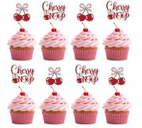 YUXMU 24 Pcs Cherry Birthday Cupcake Toppers, She's the Cherry on Top Baby Shower Decorations Glitter Cherry Cake Decorations for Fruit Theme Party Supplies(cherry on top)