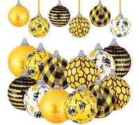 Yuxung 12 Pcs Christmas Bee Ornaments Mini Honeycomb Ball Hanging Ornaments Yellow Black Stripes Bee Ball Hanging with Sequin for Christmas Holiday Party Favors