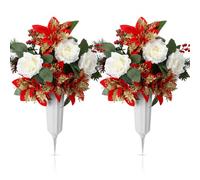 Yuxung 2 Pcs Artificial Christmas Cemetery Flowers with Vase Cemetery Headstones Decoration Bouquet Faux Memorial Flowers with Red Berries White Roses Poinsettia for Grave, Graveyard, Memorial Day