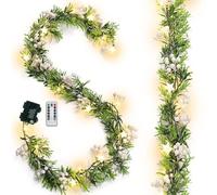 Yuxung 2 Pcs Prelit Christmas Garland with Lights 12 ft 20 LED Lighted Stars Pine Cone Holly Berry Garland Battery Operated with 8 Modes Timer Remote for Home Fireplace Holiday Decorations (White)