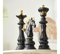 Yuxung 3 Pcs Large Chess Statue Decor Set - King, Queen, Knight - Black/Gold - Classic Chess Figurine - Gift for Home, Office, Holidays