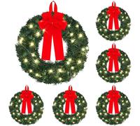 Yuxung 6 Pcs 14 Inch Pre Lit Christmas Wreath with Lights Mini Artificial LED Christmas Front Door Wreath with Red Bow for Xmas Holiday Party Decorations Table Fireplaces Porch Wall Ornament