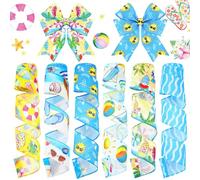 Yuxung 6 Rolls 30 Yards Summer Beach Wired Edge Ribbon Blue Yellow Burlap Stripes Ribbons Summer Beach Party Decorative for Bow Sewing Wreath Summer DIY Crafts Gift Wrapping Home Decor