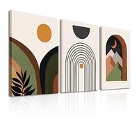 YUYMNANI Boho Wall Art, Minimalist Decor, Mid-Century Modern Prints Framed Canvas Abstract Geometric Rainbow Mountain Sun Leaf Line Beige Green Poster for Living Room Bedroom Bathroom (12x16'' x3)