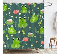 Yuyouqu Cute Frog Shower Curtain Lotus Leaf Floral Pond Decorations Shower Curtains Kids Funny Cartoon Frogs Shower Curtain Set for Bathroom with Hooks 72x72 Inch