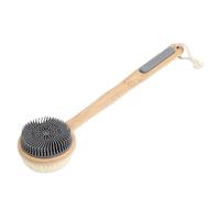 YUYTE Dual Sided Bath Brush with 17 Inch Bamboo Handle, Dense Nylon and Soft Silicone Brush for Dry Wet Brushing, Lymphatic Massage and Gentle Exfoliation (Gray)