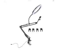 YUYTE Overhead Ring Light Clamp with Adjustable Arm & Phone Holder 3 Color Temperatures 10 Brightness Levels 360° Rotation for Makeup Nail Art Live Streaming Video Recording