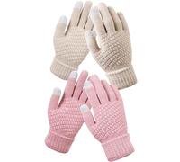 YuZhou 2 Pairs Touch Screen Gloves, Knitted Gloves Winter Texting Thermal Soft Lining Glove Fleece Lined Knit Warm Women Glove Winter Finger Mittens Knitted (Beige &Pink)