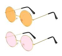 YuZhou 2 PCS Hippy Specs Sunglasses, Metal Round Frame Sunglasses Circle Retro Hippie Glasses Festival Disco Fancy Dress Colored Lens Pink & Orange, 127mm